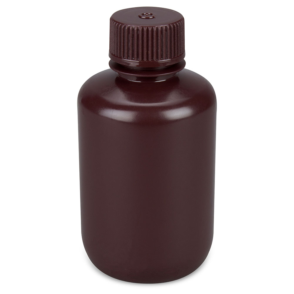 Globe Scientific Bottle, Narrow Mouth, Boston Round, Amber HDPE with Amber PP Closure, 125mL, Bulk Packed with Bottles and Caps Bagged Separately, 500/Case Image
